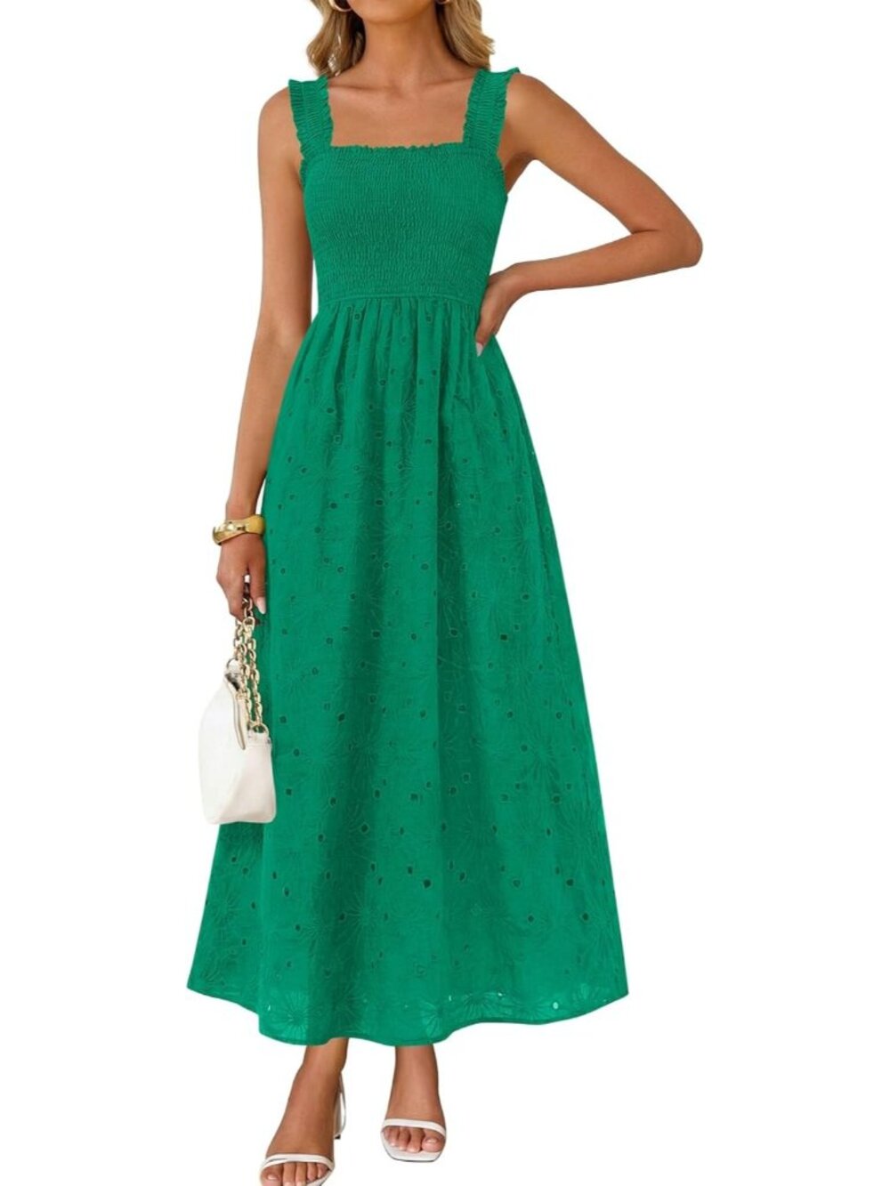 🆕 Women's Green Boho Sleeveless Square Neck Cotton Flowy Long Maxi Dress